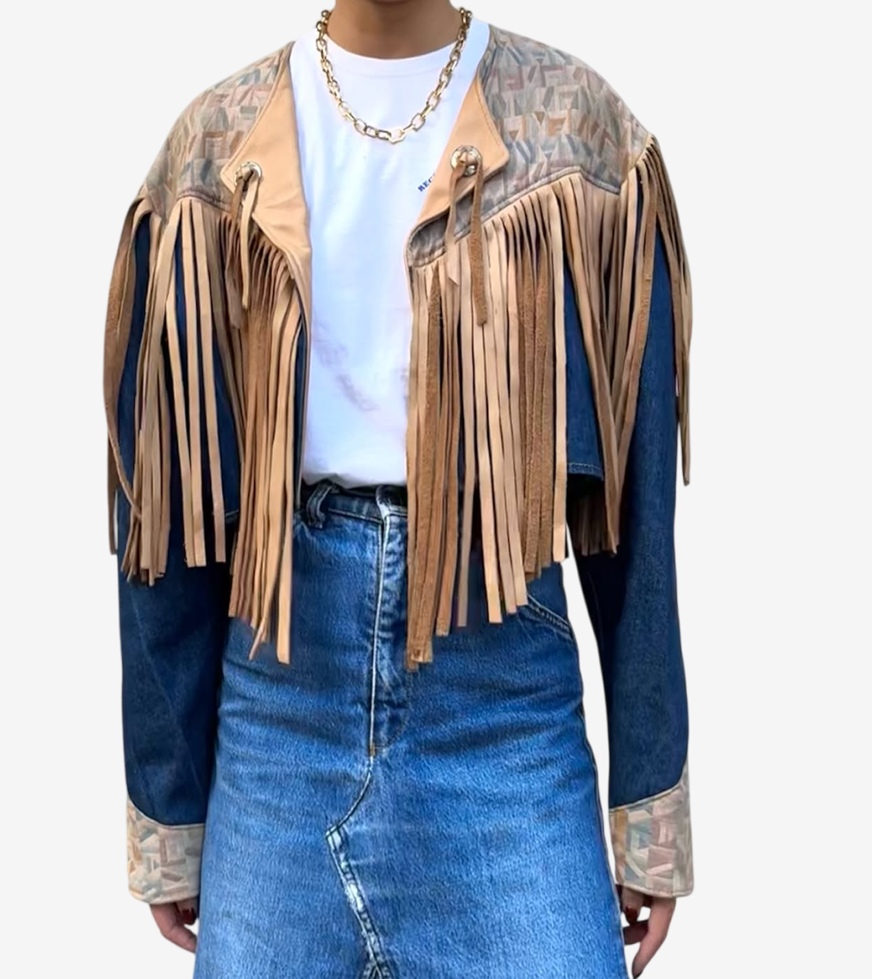 Chaqueta vaquera con flecos de pielx3